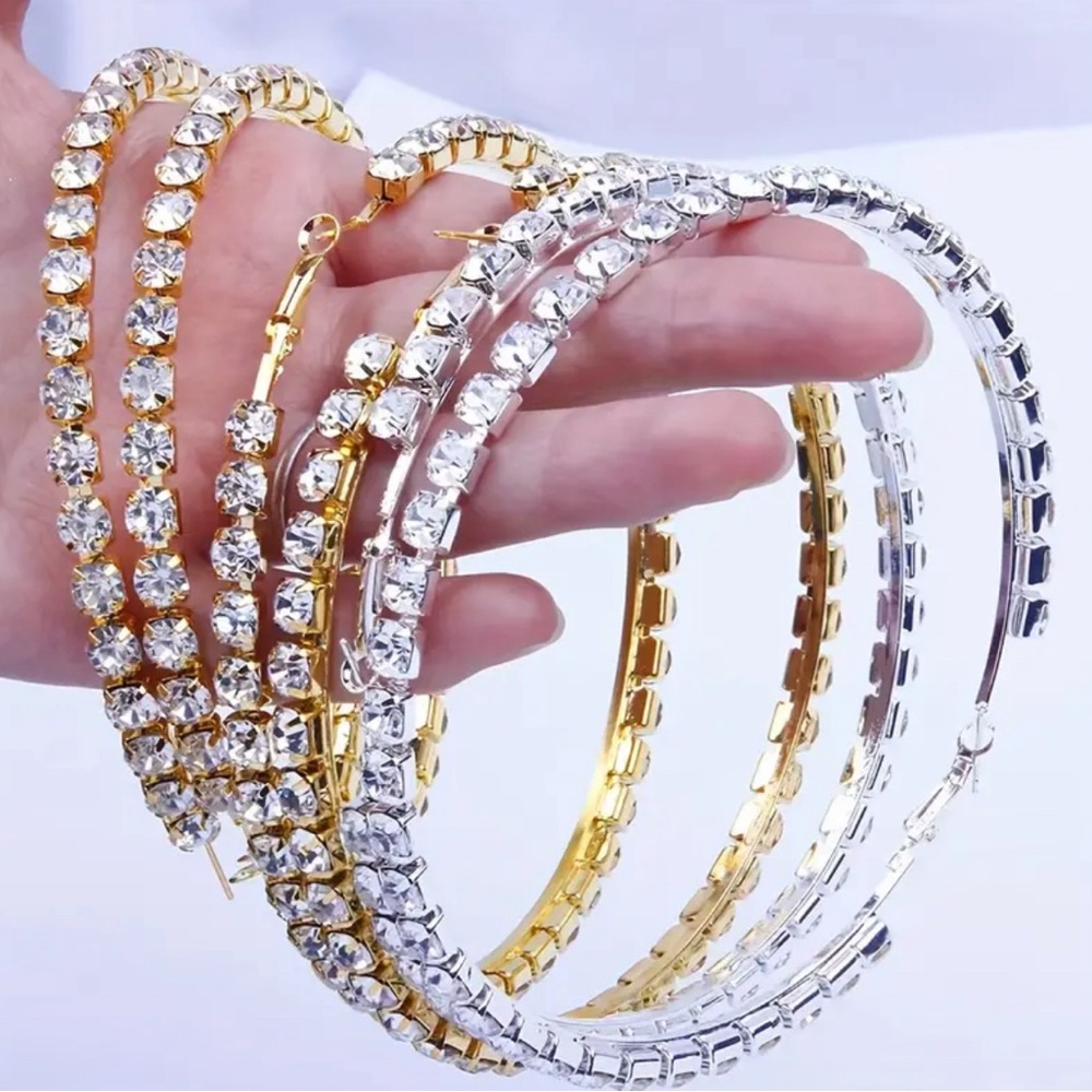 Big Gold Rhinestone Hoop Earrings - Picture 2 of 3